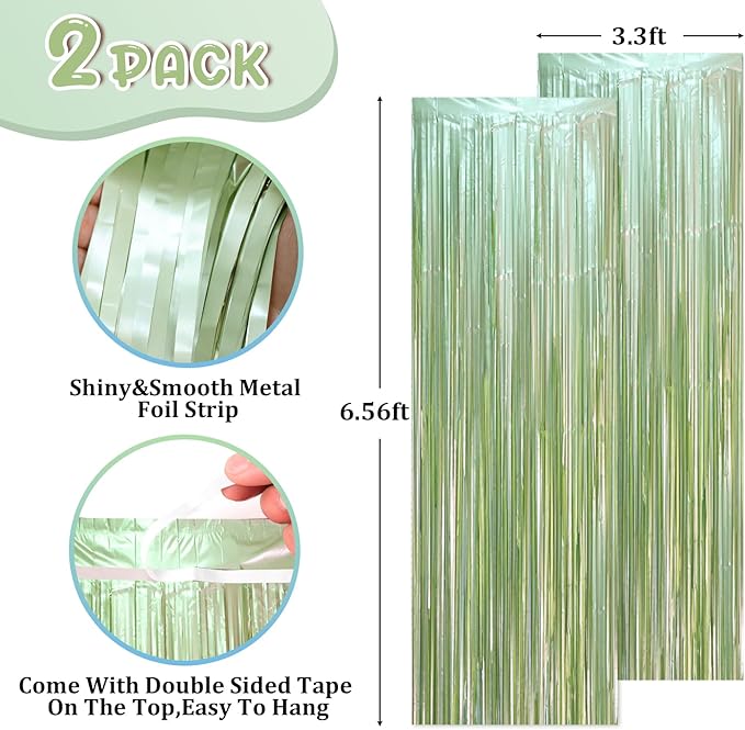 2 Pack Sage Green Foil Fringe Backdrop Curtains, Tinsel Streamers Party - Image 2