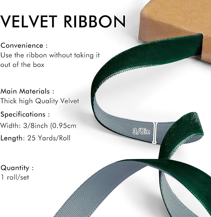 Dark Green Velvet Ribbon 3/8'' 25 Yards - Image 2