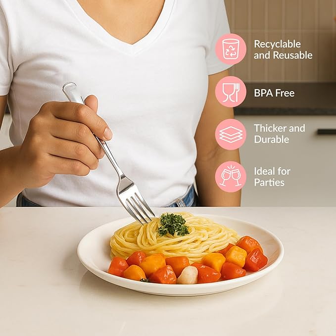 Prestee 100 Pack Silver Plastic Forks Heavy-Duty - Image 5