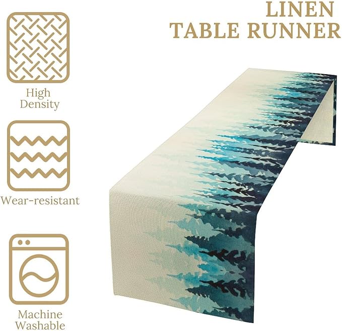 Misty Forest Table Runner, Foggy Blue Forest Landscape Table Runner - Image 4