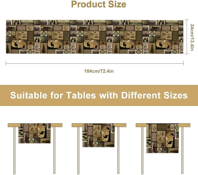 Vintage Deer Bear Table Runner, Fish Retro Farmhouse Cabin Lake Country Lodge - Image 3