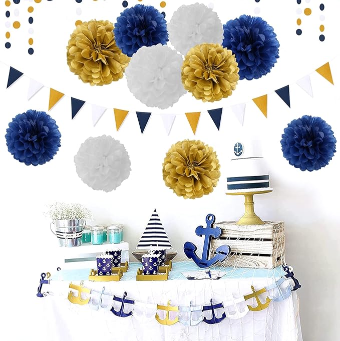 Navy-Blue White Gold Paper Flowers - Image 7
