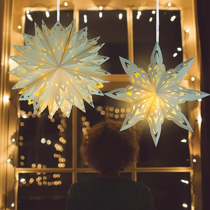 Christmas Paper Snowflake Lanterns, 2 Pack Christmas Paper Star Lantern - Image 2