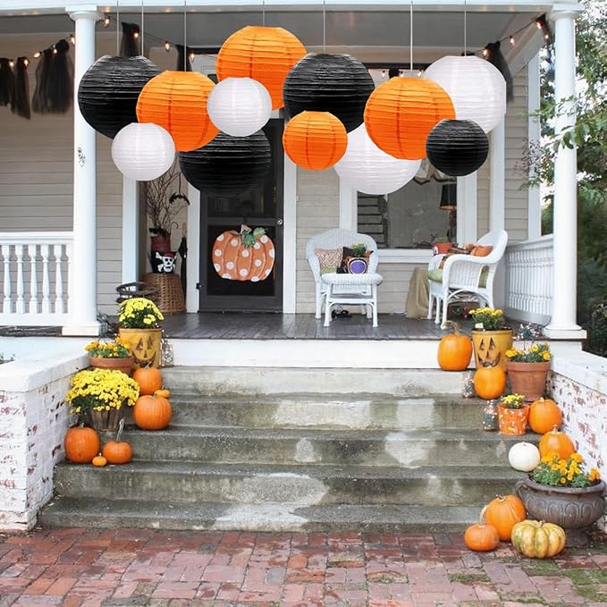 Orange Black White Paper Lanterns Decorative 12pcs Halloween Hanging Decorations - Image 5