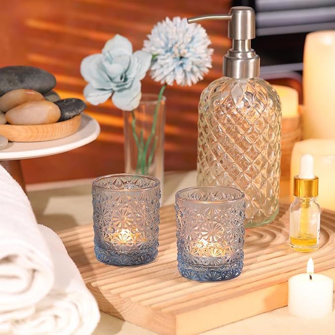 Blue Votive Candle Holder Set of 36, Flower Tea Lights Candles Holders - Image 3