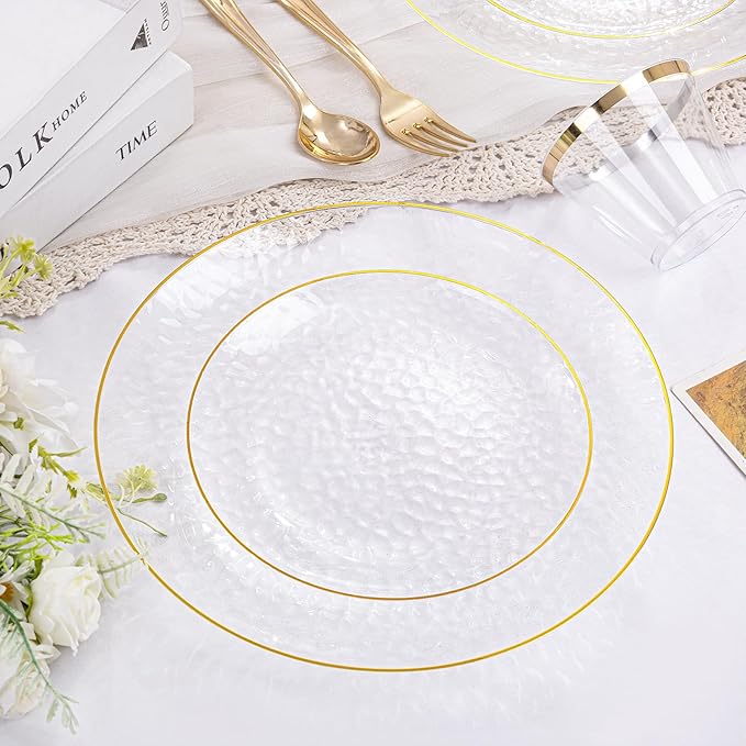 Rubtlamp 350 Pcs Clear Gold Plastic Plates, Hammered Disposable Dinnerware - Image 3