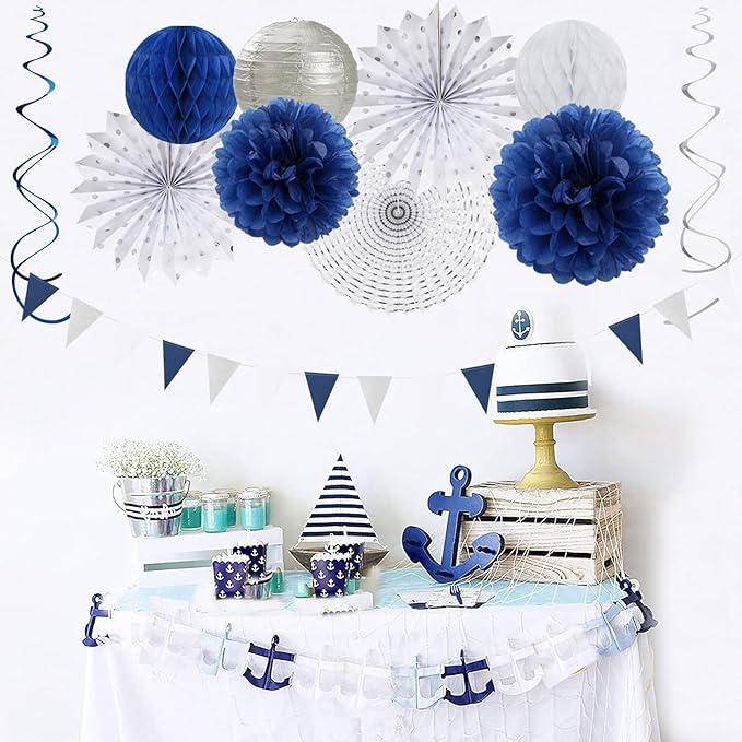 Navy-Blue White Silver Party-Decorations - Image 5