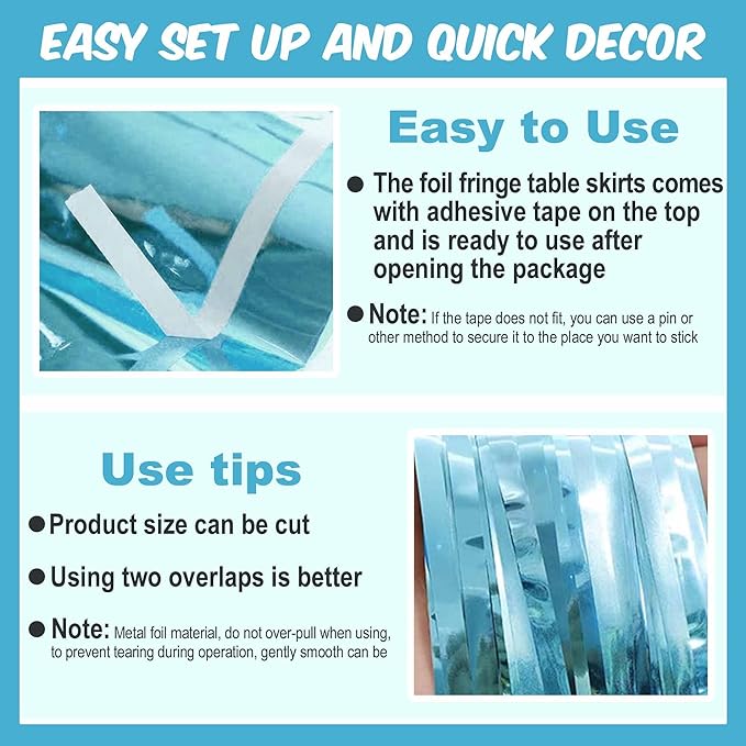 3 Pack 29 x108 Inch Light Blue Foil Fringe Table Skirts Metallic Banner - Image 2