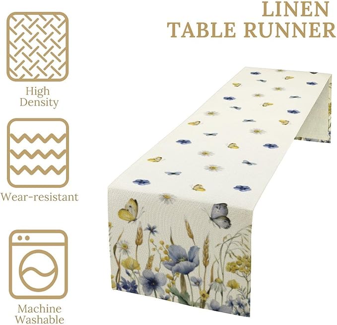 Floral Table Runner, Spring Watercolor Flower Plants Nature Butterfly Table - Image 4