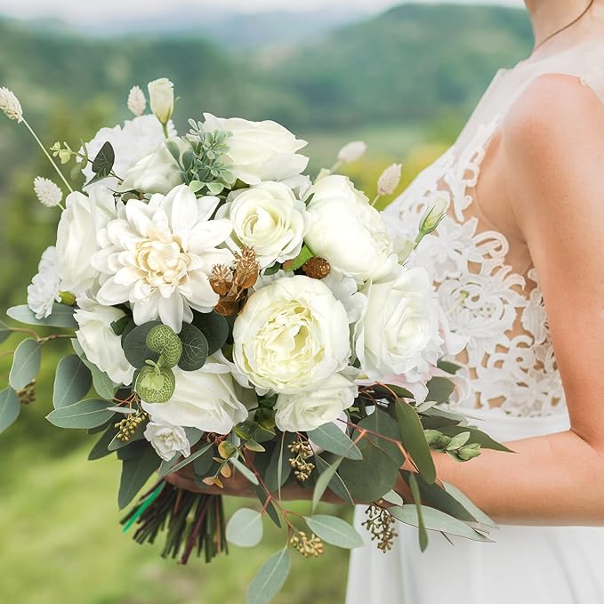 AmyHomie Ivory Artificial Flowers Combo Silk Mix Peony Rose Hydrangea Fake - Image 2