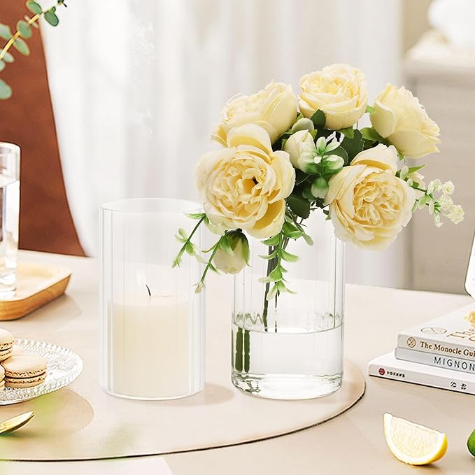 Glass Cylinder Vases Set of 6 Clear Ribbed Glass Vases - Image 2