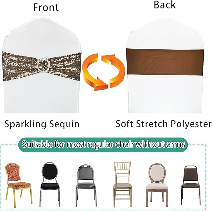 100 Pcs Chair Sashes Sequin Stretch Chair Bands Spandex Polyester Bows - Image 3