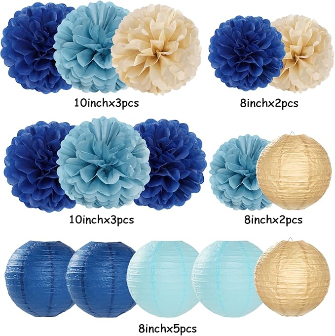 Dusty-Navy Blue Champagne-Gold Paper-Flowers Lanterns - Image 2