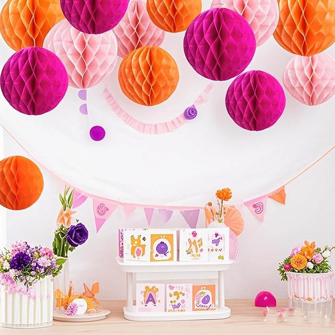 Hot Pink Orange Paper Honeycomb Balls, 12 Pack Hanging Tissue Pom Poms - Image 2