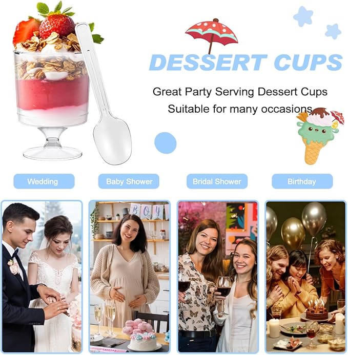 200 Pack Dessert Cups with Spoons, 5Oz Clear Plastic Parfait Cup, Disposable - Image 3