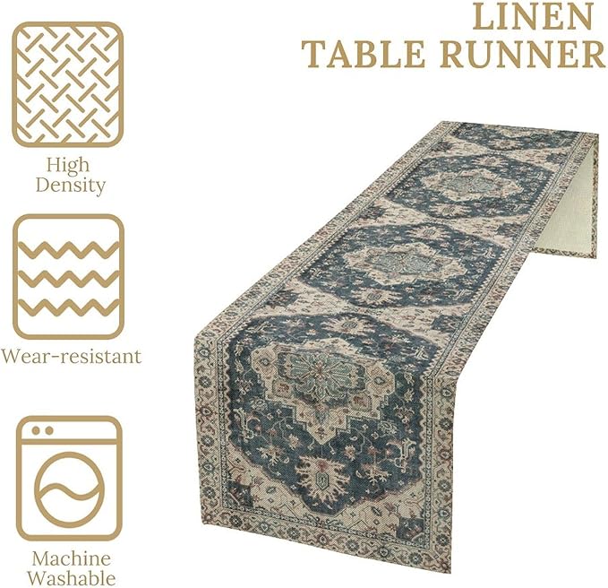 Boho Bohemia Style Table Runner, Vintage Blue Retro Flower Rustic Country Style - Image 5