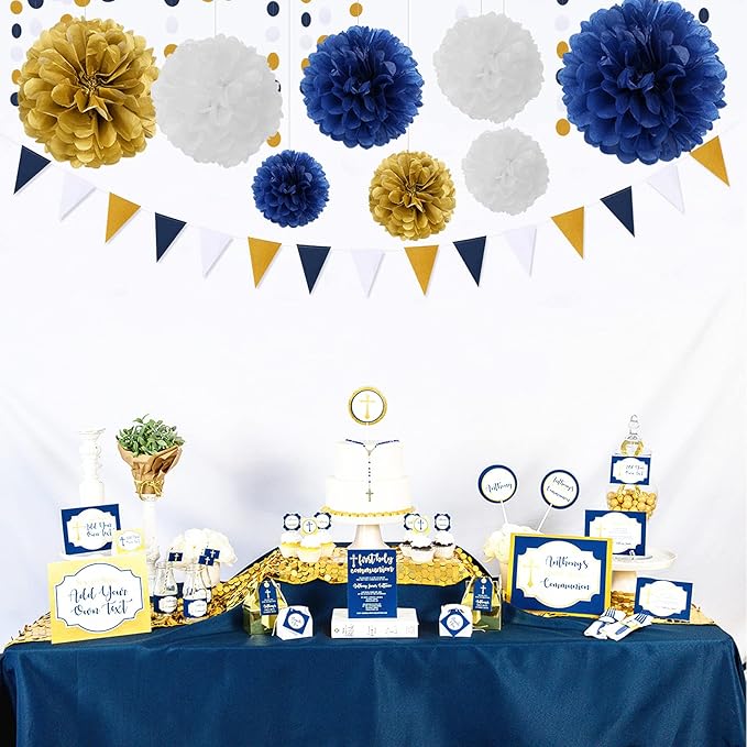 Navy-Blue White Gold Paper Flowers - Image 5