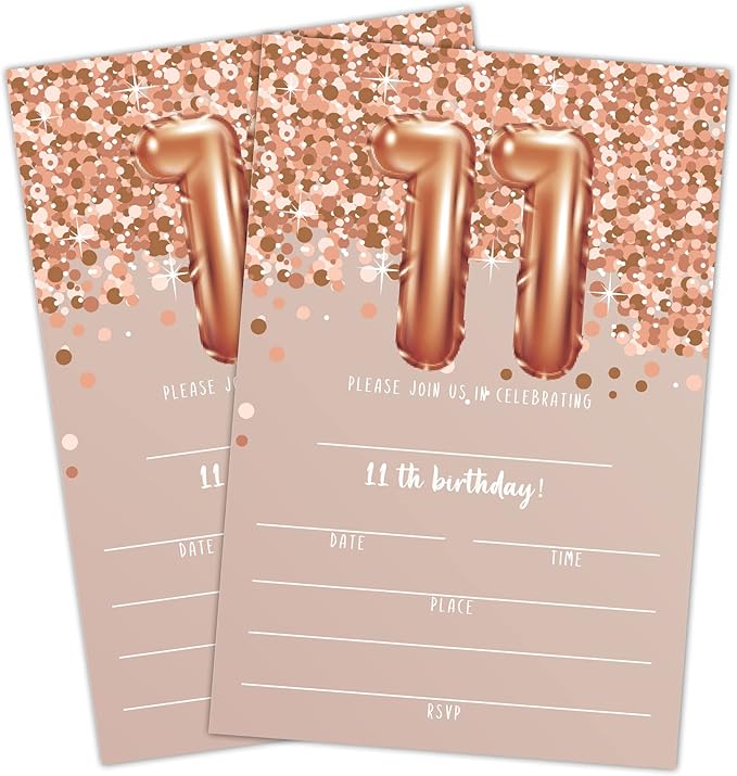 11th Birthday Invitation Cards, Rose Gold Glitter 11th Birthday Party Invites by LWBEO