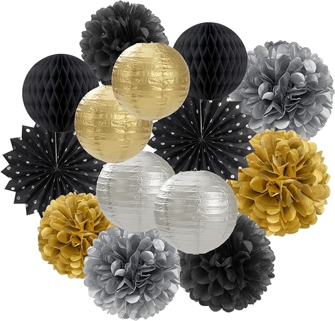 Black Gold Silver Party-Decorations Streamers-Lanterns by OURUOLA