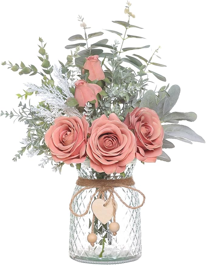 Faux Flowers with Vase, Artificial Silk Roses in Vase, Fake Plant Eucalyptus by VIERENA