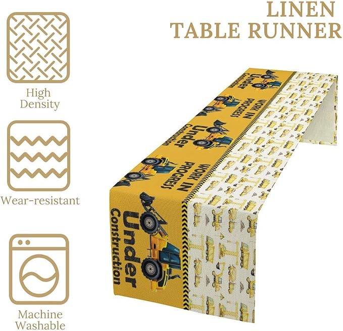 Cartoon Car Table Runner, Boys Kids Construction Vehicles Truck Yellow Print - Image 2