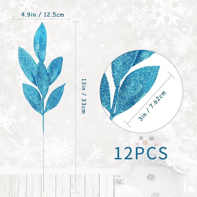 GREENTIME 12 Pack Artificial Blue Glitter Leaves 13" Fake Christmas Picks - Image 3