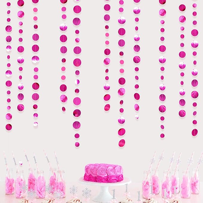 Hot Pink Party Decorations Circle Dots Garland Metallic Rose Pink Hanging Paper - Image 7