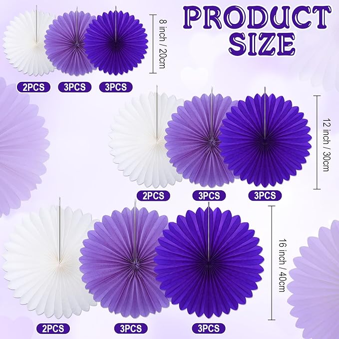 24 Pcs Purple and White Paper Fans Purple Party Decorations Classroom Decor - Image 2