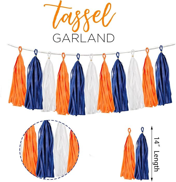 15PCS Navy Blue Orange White DIY Party Tassel Garland Paper Banner Streamer - Image 3