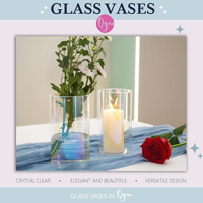 12pc Glass Cylinder Bud Vases for Centerpieces, 6 inch Tall Irised Crystal - Image 4