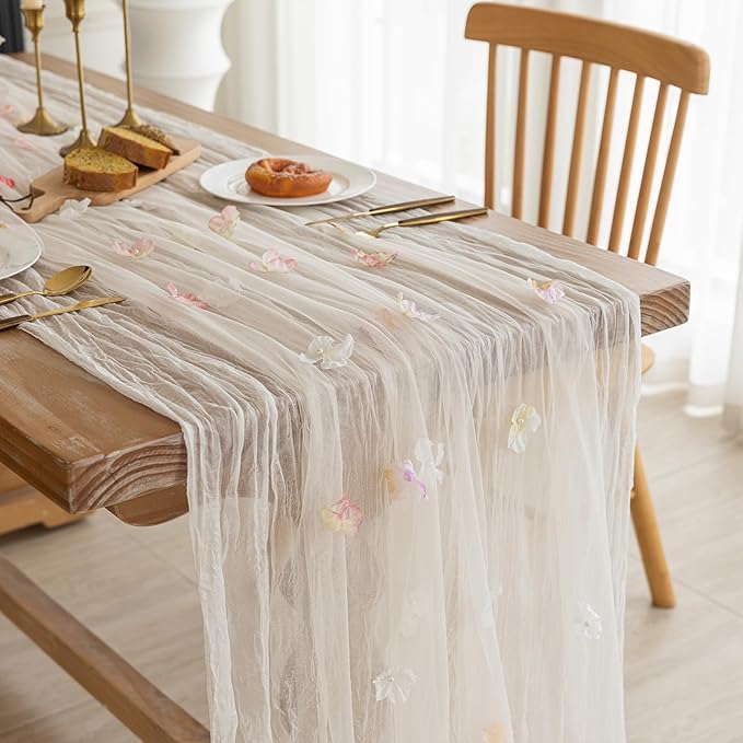 Romantic Artificial Floral Table Runner 10ft Gauze Tulle Lace Table Runner Set - Image 2
