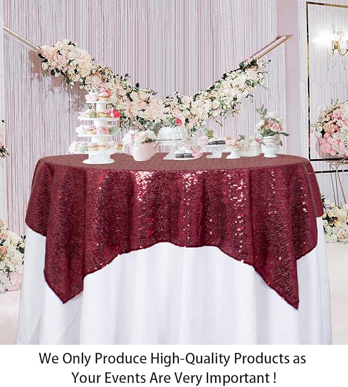 ShinyBeauty Sequin Tablecloth Burgundy 72x72-Inch Square Tablecloth Sequin - Image 2