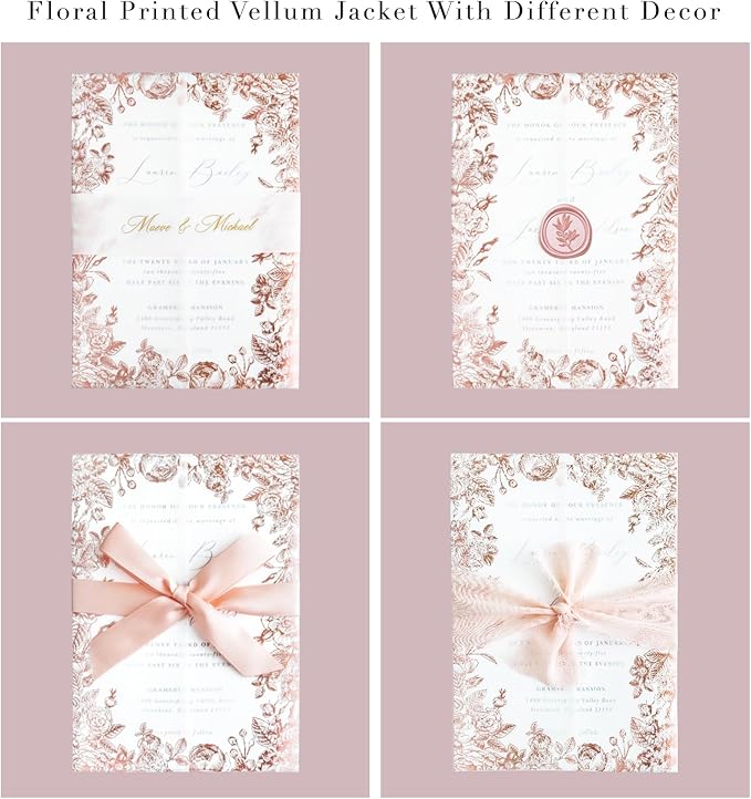 PONATIA 50 PCS Vellum Jackets for 5x7 Wedding Invitation Cards- 135gsm Floral - Image 5