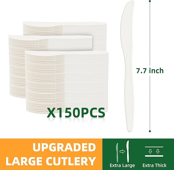100% Compostable Knives, 7.7" 150pcs Large Disposable Cornstarch Cutlery Heavy - Image 2