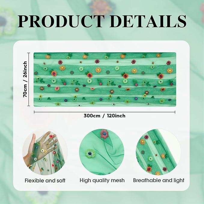 Artoid Mode Dark Green Embroidery Daisy Gauze Table Runner 120 Inch 10FT - Image 5