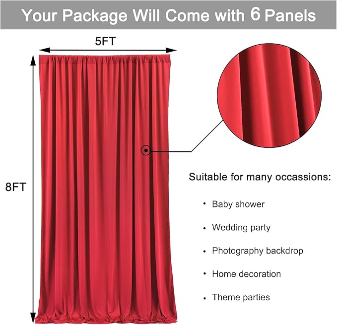 Outpain 30 ft x 8 ft Red Backdrop Curtain Panels, 6 Panels 5 ft x 8 ft Wrinkle - Image 5