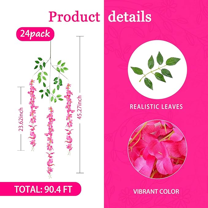 24 Pack Fuchsia Wisteria Hanging Flowers Garland, 3.77 Feet Artificial Flower - Image 3