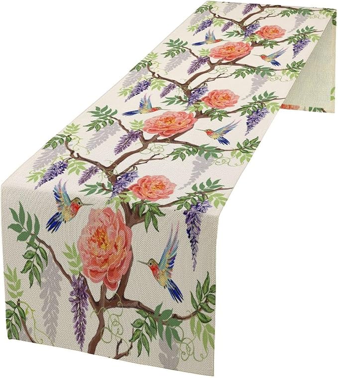 Vintage Bird Flower Table Runner Seasonal Spring Purple Wisteria Garden Plants by SHElifestyle