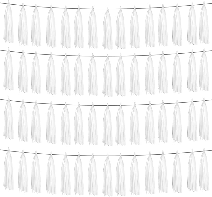 4P White Foil Fringe Metallic Tassel Streamers Banner Tassel Garland by HYSILLA
