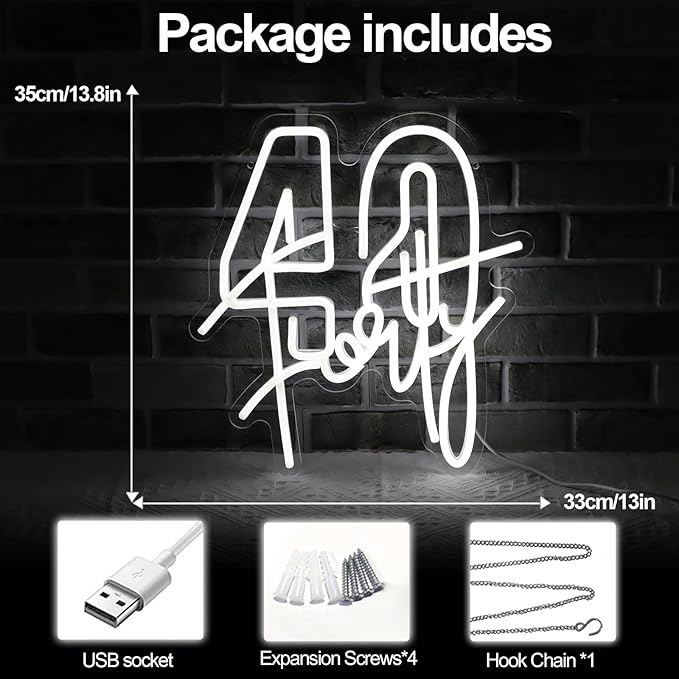 White Forty Neon Sign 40 Year Old Birthday Neon Sign Birthday Gift - Image 3