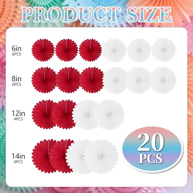 20 Pcs Red White Hanging Paper Fan, Round Paper Fans Decorations Set - Image 2