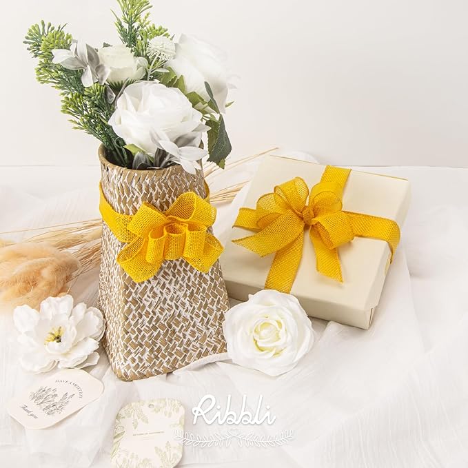 Ribbli Yellow Burlap Wired Ribbon, 1” Inch x Continuous 20 Yard, Big Bows - Image 2