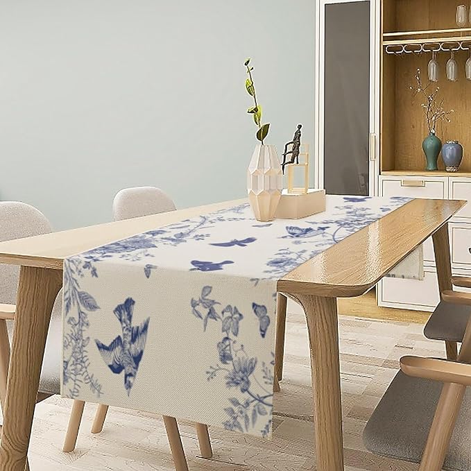 Monochrome Sketch Flowers Bird Table Runner, Seasonal Spring Fall Plants Blue - Image 2