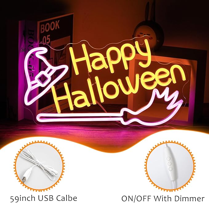 Happy Halloween Neon Sign Witch Hat Neon Sign Dimmable Broom Led Wall Decor - Image 3