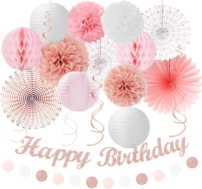 Pink White Rose-Gold Birthday Party-Decorations by Huglony