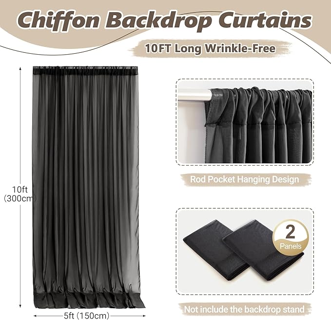 10ft x 10ft Black Backdrop Curtains, Wrinkle-Free Sheer Chiffon Fabric Photo - Image 6