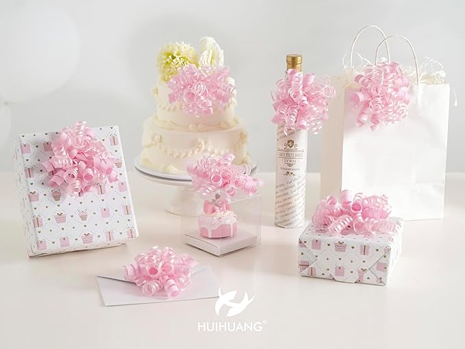 HUIHUANG Pink Gift Bows Self-Adhesive Curly Ribbon Bow 5 inch x 8 Counts Light - Image 4