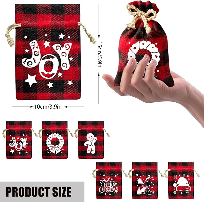 CCINEE 36Pcs Christmas Buffalo Plaid Drawstring Bags Red and Black Plaid Xmas - Image 2