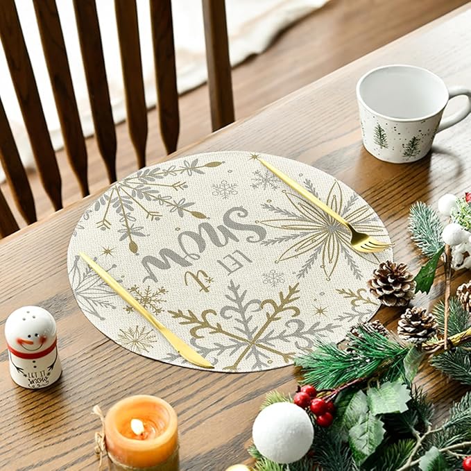 Artoid Mode Beige Snowflake Let It Snow Winter Placemats Set of 6, 14 Inch - Image 3
