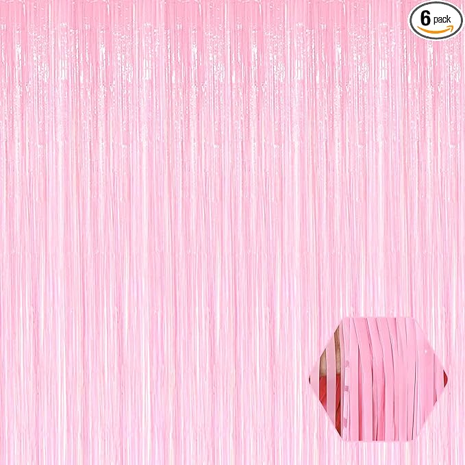 6 Pack Macaron Pink Foil Fringe Curtain Backdrop, 3.28Ft x 8.2Ft Metallic by Ferwzsr